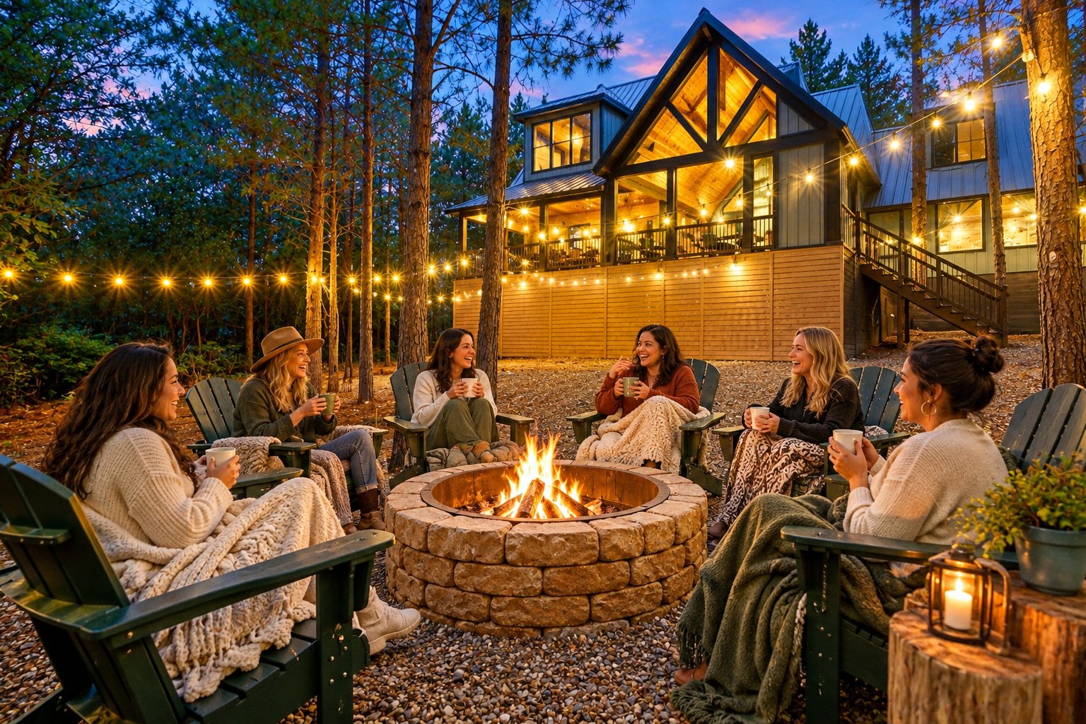 Women around the fire pit at dusk at Emerald Vista Cabin