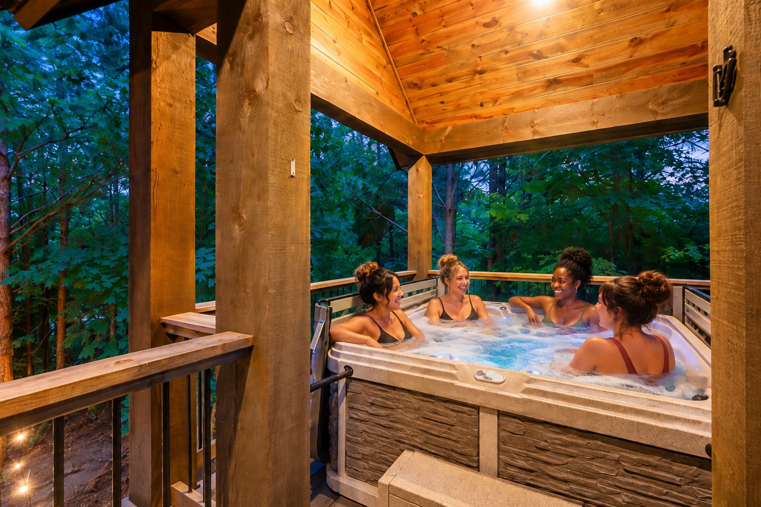 Women relaxing in the hot tub at Emerald Vista Cabin
