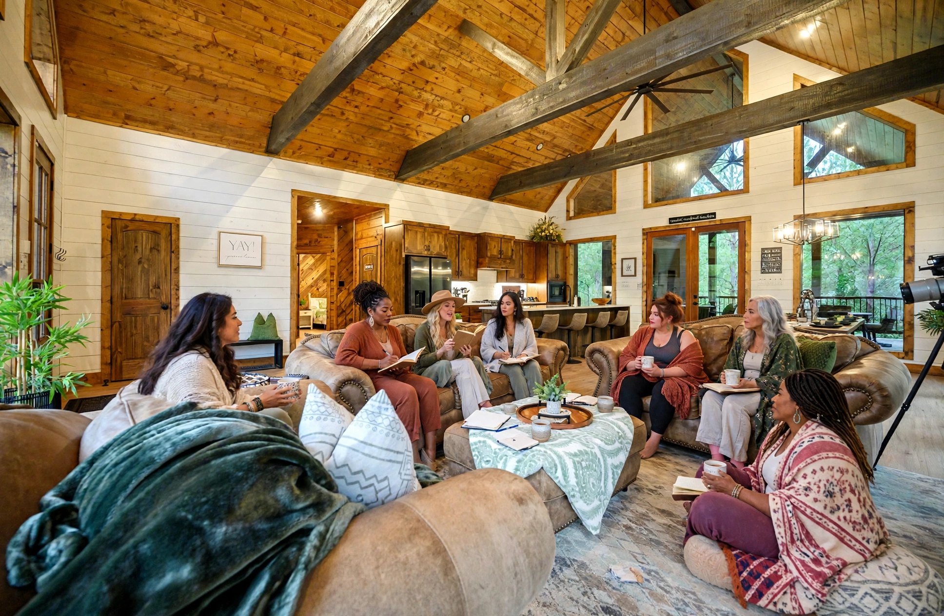 Women journaling together in the cabin great room