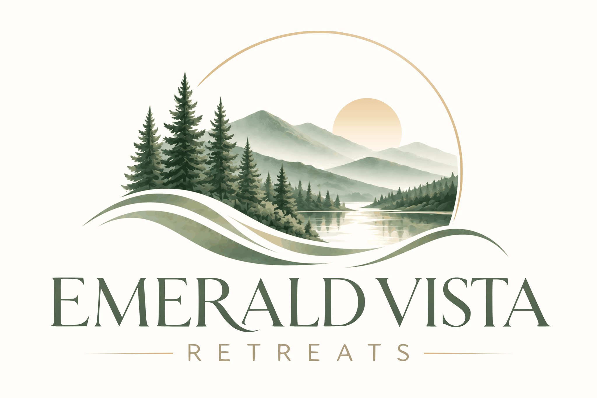 Emerald Vista Retreats — watercolor emblem of pines, a lake and the sun above the Emerald Vista Retreats wordmark